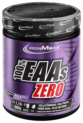 IronMaxx 100% EAAs Cero - Bayas Silvestres bote de 500g | polvo de EAA, vegano y sin azúcares con todos los 8 aminoácidos esenciales | sabor afrutado, sin conservantes
