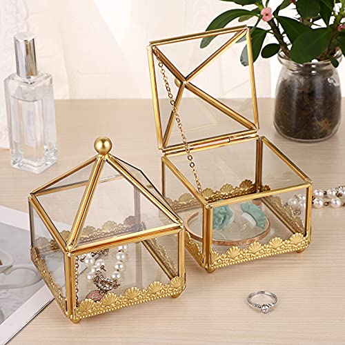 Hipiwe 2-Pack Gold Jewelry Box Geometric Glass Box Trinket Organizer Decorative Keepsake Box Ring Earring Necklace Storage Box Christmas Birthday Gift For Girl Women Girls (1 Slot, 2-Pack) #TOP1