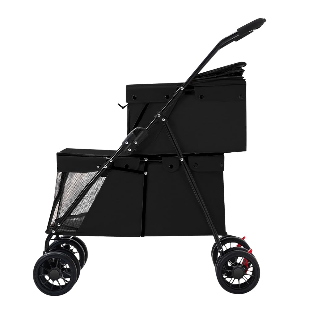 Double Couche Poussette pour Chien Chat Animaux, Animaux Voyage Poussette, Pliable Chien Chat À Quatre Roues Chariot/Landau Jogger/Poussette Buggy-67 * 50 * 95cm- Noir