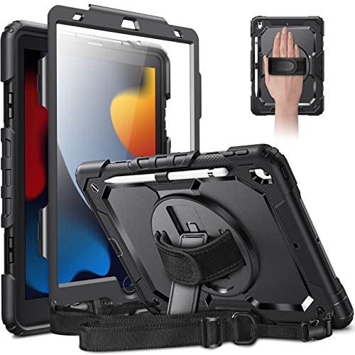 Casebot Case For Ipad 9Th / 8Th / 7Th Generation (2021/2020/2019) 10.2 Inch With Hand/Shoulder Strap, [360° Rotating Kickstand] Rugged Shockproof Cover With Screen Protector, Pencil Holder (Black) #TOP23