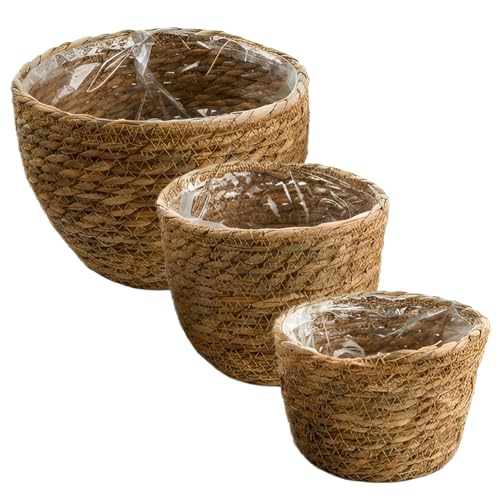 Rundago Cesta para Plantas, 3PCS Flower Basket con Forro de Plástico Impermeable, Macetero Trenzado para La Decoración del Hogar, Cesta de Almacenamiento para Interiores y Exteriores, 15cm+17cm+20 cm
