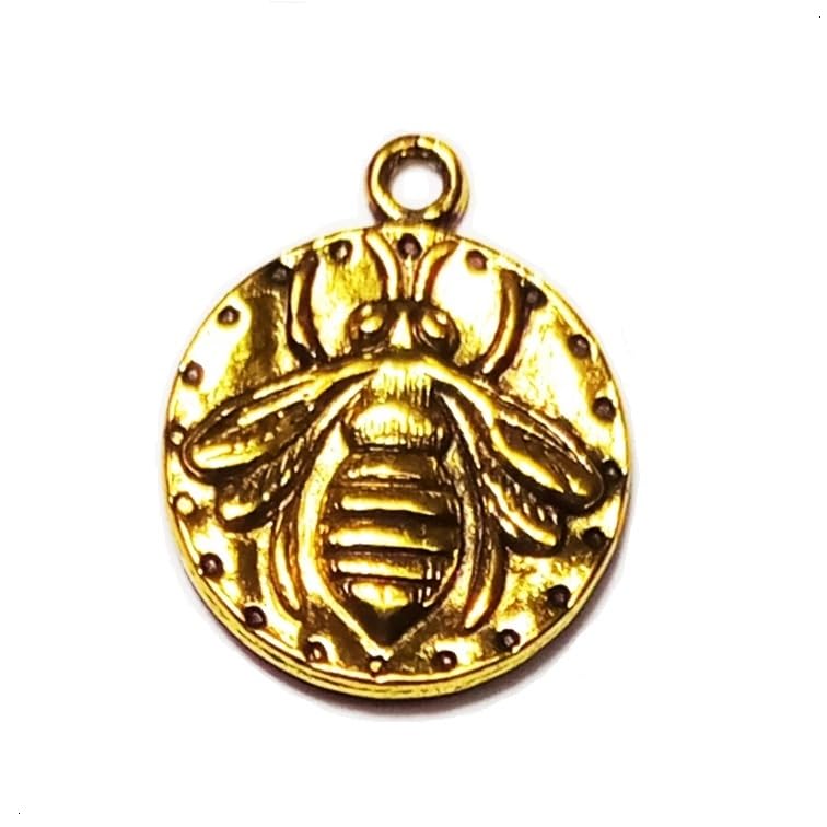 7 Bee Charm Pendant Antique 24x20mm Gold Round Medallion Honey Bee (CB231)
