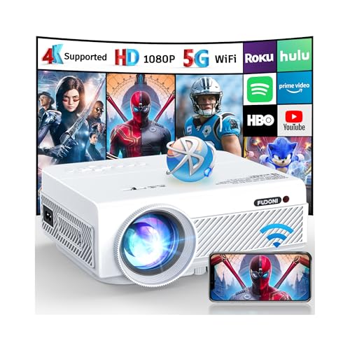 Image of FUDONI Native 1080P WiFi Bluetooth Projector, Full HD Portable Outdoor Movie Projector, Built-in Speaker, Max 300 inch Screen, for Smartphone (Pure White)