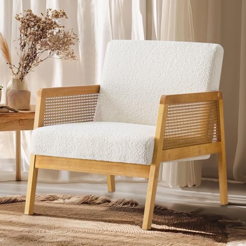 Ckaff Fauteuil Salon Relax en Bouclé, Fauteuil Moelleux avec Coussins Épais et Accoudoirs en Bois pour Chambre à Coucher Salon, Fauteuils de Lecture avec Cadre en...