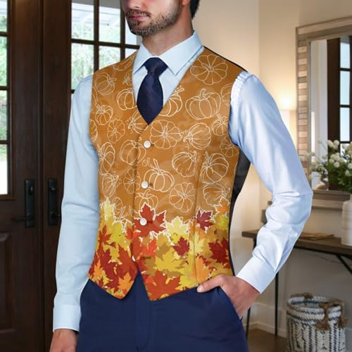 TOADDITDO Maple Leaf Mens Suit Vest Breathable Button Down Vest Slim Fit V- Neck Business Vests with Back Strap3