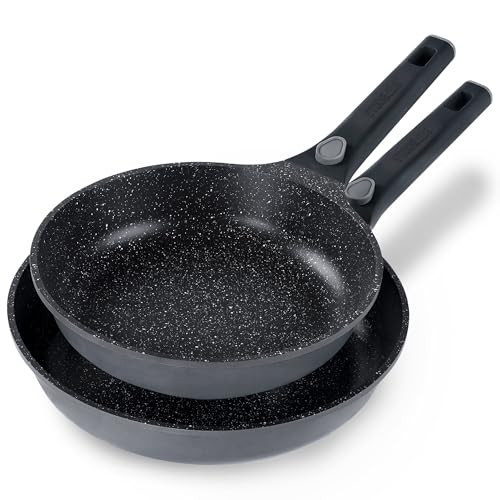 STONELINE SMART Pfannenset 2-teilig 24/28 cm, Große Pfanne Aluguss, Abnehmbarem Griff, Pfanne Induktion, Alle Herdarten, Antihaftbeschichtet mit echten Steinpartikeln, Grau