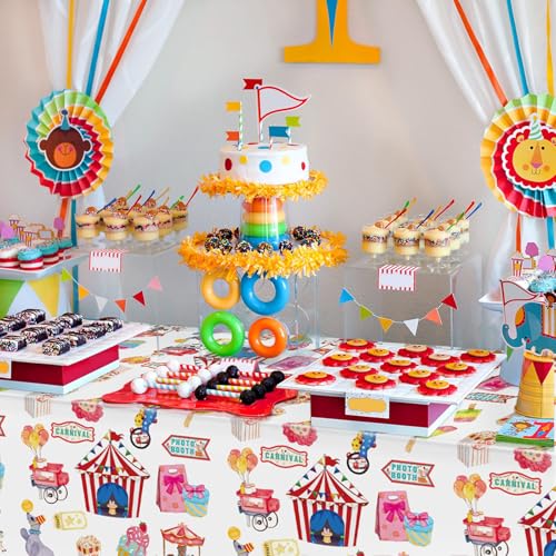 Image of Hxezoc 54 x 108 Inch Circus Party Tablecloths Disposable Plastic Carnival Table Cover for Carnival Birthday Party Decorations Outdoor Indoor Supplies