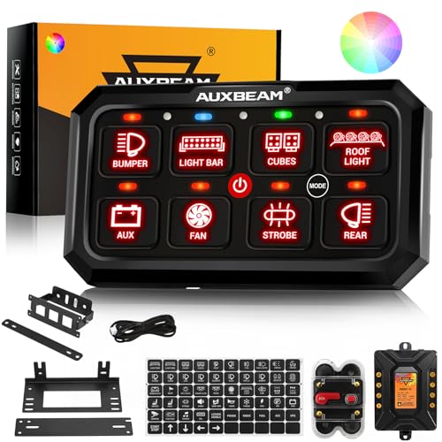 Auxbeam 8 Gang Switch Panel RB80 XL 5.3 Inch RGB Switch Pod Toggle Momentary Pulsed 12-24V Led Switch Panel Auxiliary Circuit Control Relay System for Truck Car Offroad UTV Waterproof 3 Years Warranty