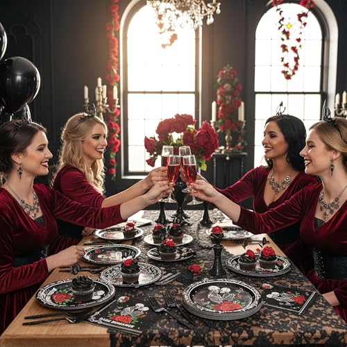 G1ngtar 96Pcs Dark Romance Book Lover Skull Rose Black Gothic Party Plates Supplies Tableware Decorations Disposable Paper Plates Napkins Forks for Birthday, Serves 24 - image 7