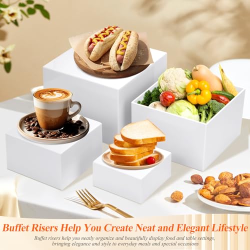 10 Pcs White Acrylic Buffet Risers with Mini Sign and Marker, Food Display Stands for Buffet Table Party Catering Dessert Jewelry Collectibles, Acrylic Cube Nesting Boxes with Hollow Bottoms 8 Sizes - Image 3