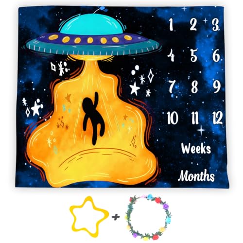 Image of UFO Baby Monthly Milestone Blanket, Spaceship Print, Blue, 48x40in | Soft Flannel, Alien Pattern, Starry Night Whimsical Design, Newborn Mom Gifts, Baby Shower Age Growth Tracker