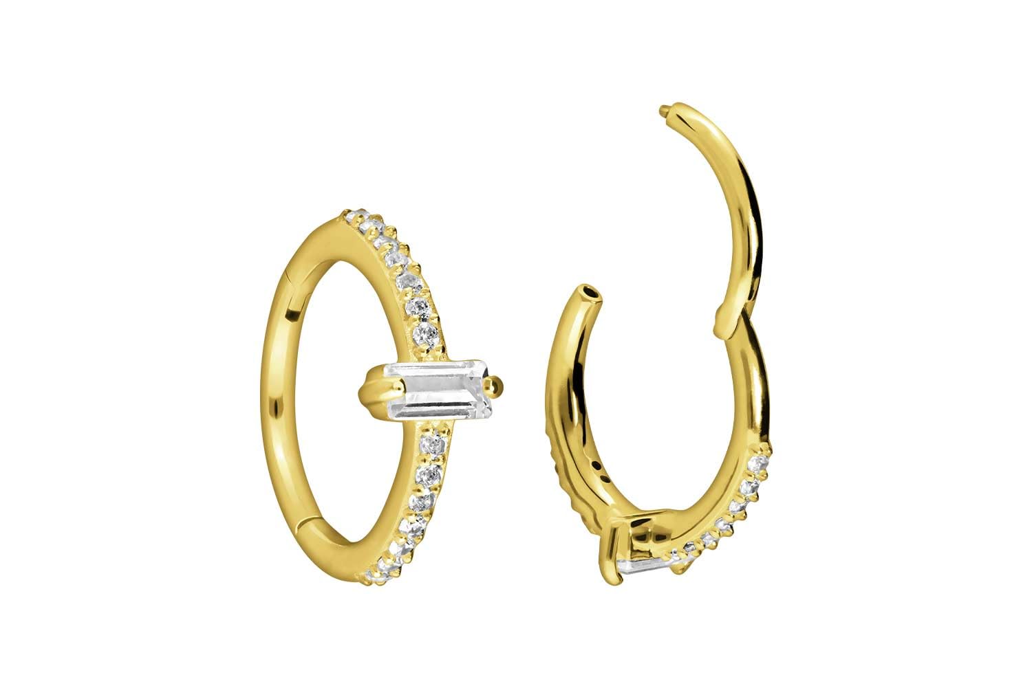 PIERCINGLINE 18 Karat Gold Piercing für Nase, Septum, Ohr, Helix oder Tragus Segmentring Clicker KRISTALLRECHTECK + EINGEFASSTE Kristalle