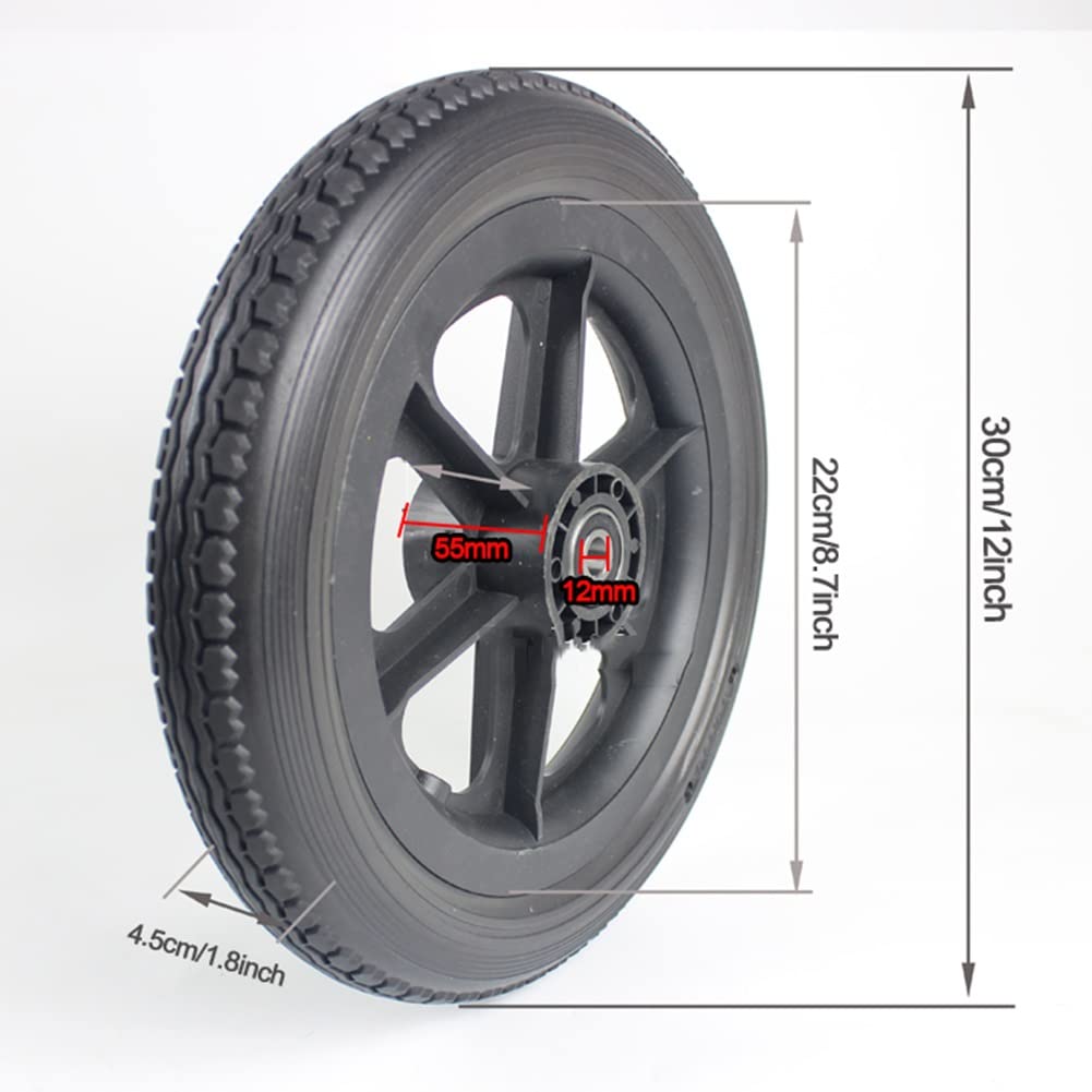 1 para pełnych kół zamiennych do wózka inwalidzkiego, 12 ½X 2 ¼ PU, tylne koła wózka inwalidzkiego bez pompki, 12-calowe (30 cm) przednie koło z łożyskiem 12 mm/czarne