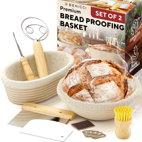 Complete Bread Proofing Baskets Set - Premium Quality Kit for Sourdough Bread Making - Includes 9' & 10' Banneton Basket w/All Needed Bread Baking Supplies - Perfect Tools for Baking Enthusiasts