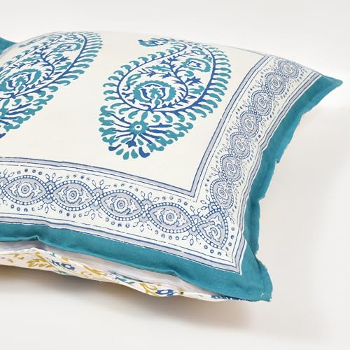 Image of BLOCKS OF INDIA Hand Block Printed Cotton 300 TC Cushion Cover (16 X 16 Inches) (Cushion 3),Blue
