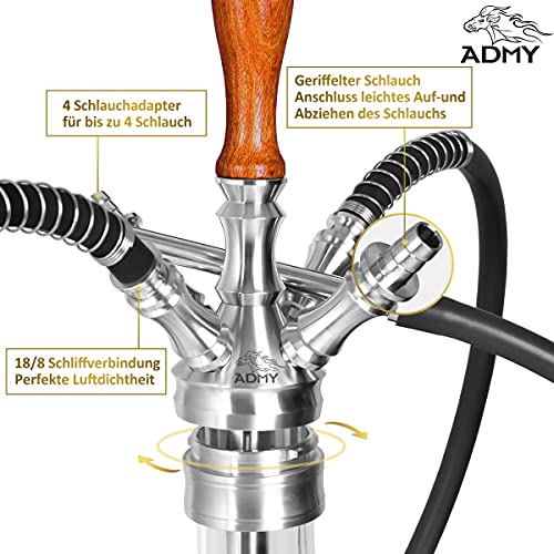 ADMY Shisha Set, Edelstahl V2A 95cm Hookah Komplettset Wasserpfeife mit 4 Anschlüssen | Aluminium Molassefänger | Holz… – Bild 7