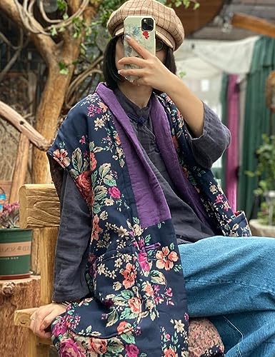 LUZU JUNU Women Fall Spring Sleeveless Vests Cotton Print Floral Long Vests Chinese Vintage Patchwork Waistcoat4