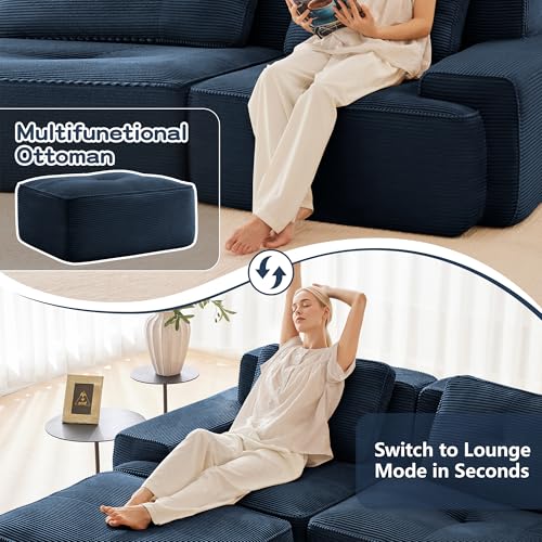 Image of 82 inch L Shaped Modular Boneless Couch with Movable Ottoman, 2 Seat, Soft Corduroy Fabric, Deep Seat Cloud sectional Sofa with Pearl Like Piping and Tufted Design, No Assembly, Anti Slip, Blue