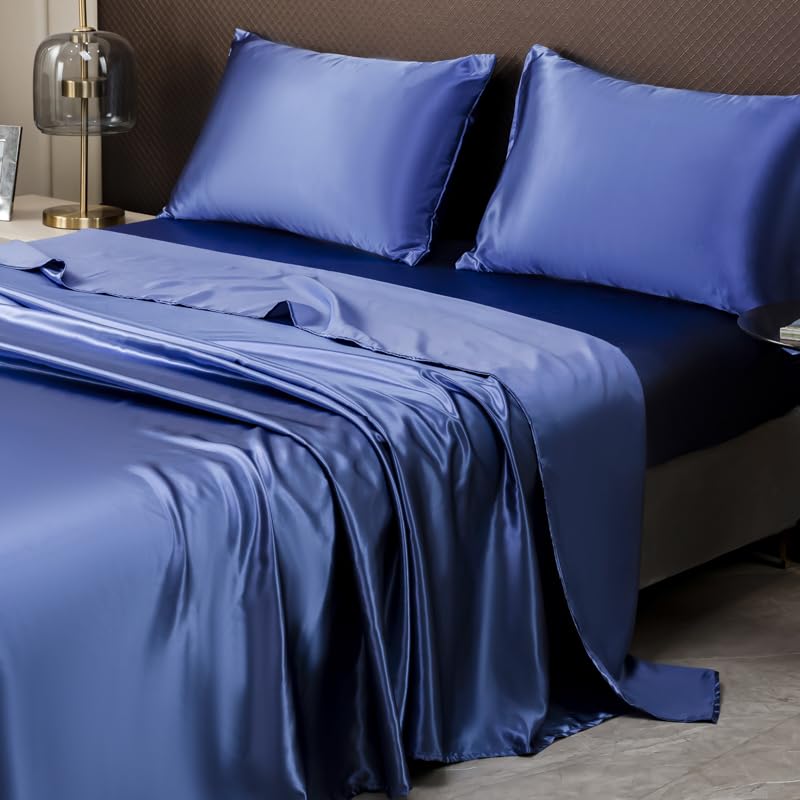 JUWENIN Silky Soft Solid Matte-Satin Hotel Luxury Silky Bed Sheet Sets Shiny-Free,Deep Pocket t Fitted Sheet, Flat Sheet, Pillow Cases (Queen, Navy)