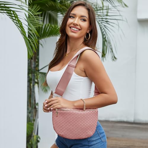 Image of Woven Crossbody Bags For Women, Checkered PU Waist Pack Travel Sling Bag