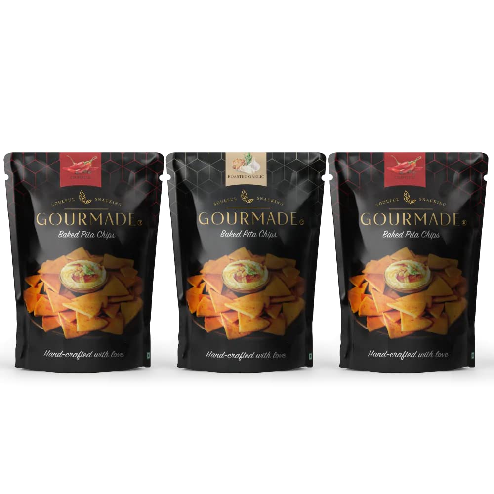 Pita Chips Snacking Combo, 375g | 2 x Chipotle and 1 x Roasted Garlic (125gms ecah - Pack of 3) | Baked Chips | Bar Party Snacks | Dip Chips | Starter Chips | Nachos & Tortillas
