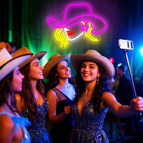 Image of Cowboy Hat Neon Signs for Wall Decor LED Pink Cowgirl Boot Neon Sign Pink Aesthetic Western Wall for Game Room Room Bar Party Birthday Gift (Cowboy Hat Girl)