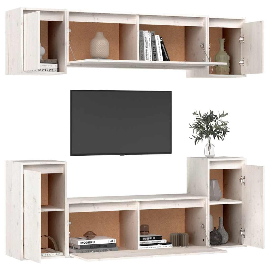 TV-Schränke 6er Set, Weiß Massivholz Kiefer, Modernes Wohnzimmer Media Center, vielseitige Aufbewahrung für Schlafzimmer und Sala