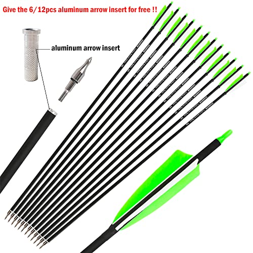 Zshjgjr 30 Inch Archery Carbon Arrows Hunting Arrows With 4” Turkey Feather Target Practice Arrows Spine 500 For Compound & Recurve &Traditional Bow 6/12Pcs (12 X Green Arrows) #TOP4