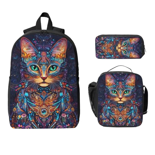 Mandala Cat Backpacks 3 Pcs Cute Lightweight Daypack with Fun Graphic Cartoon Print for Daily Commute