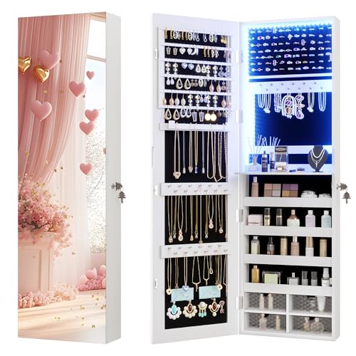 Vlsrka 47.2' LED Jewelry Mirror Cabinet, Wall/Door Mounted Jewelry Armoire Organizer with Full Length Mirror, Large Storage Hanging Cabinet, 4 Drawers, 5 Shelves (White)