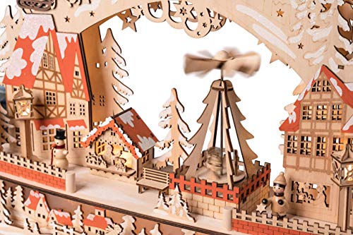 Wichtelstube-Kollektion XL Schwibbogen mit drehender Pyramide inkl. Trafo und Timer Schwippbogen mit Bewegung und Podest Unterbank Premium Holz 45 x 12 x 38cm