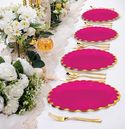 Image of HEIPINIUYE 50 Pieces Hot Pink Paper Plates with Gold Foil 9 Inch Disposable Pink Scalloped Dinner Plates for Wedding Baby Shower Birthday Party Dessert Plate