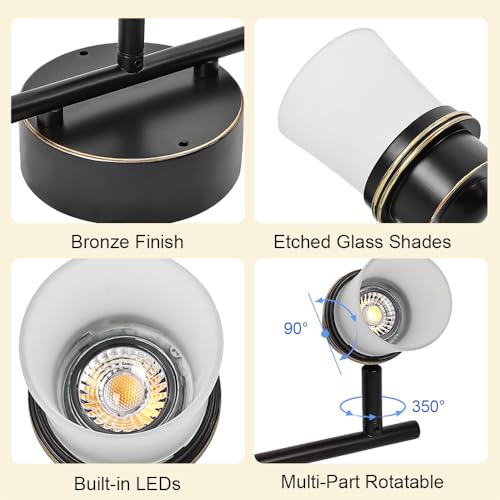 Image of 3 Light Dimmable LED Track Lighting Kit, Matte Bronze Flush Mount Ceiling Light Fixture with Etched Glass Shades, Adjustable Wall Lamp with Integrated LED Bulbs