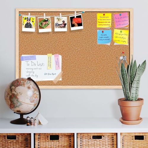 Image of ArtzFolio Cork Board | Bulletin Board Notice Pin Board | Vision Soft Board Combo with Thumb Push Pins & Sticky Notes | Natural Brown Frame | 36 x 24 inch (91 x 61 cms)