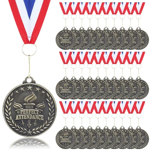 Otuuz 30 Pcs Perfect Attendance Medal Award Bulk 2 Inch Graduation Gold Award Medals with Neck Ribbons Metal Grad Attendance Winner Trophy Team Prize Gifts for Scholastic Academics(Torch)
