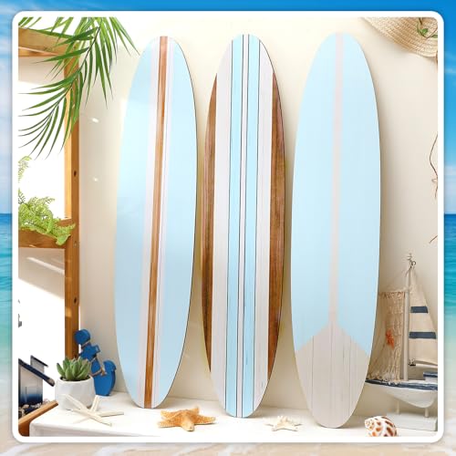 Gerrii 3 Pieces Surfboard Wall Decor 23.6' x 5.4' Preppy Beach Room Decor Aesthetic Large Wooden Cute Beachy Tropical Wall Art for Surfer Bedroom Bathroom Decorations(Blue,Stripe)