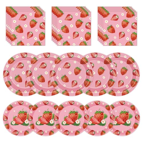 40 Pcs Strawberry Plates and Napkins Sets, Strawberries Dinner Dessert Paper Plates Summer Berry Napkins Tableware Kit for Fruit Strawberry Party Birthday Decorations Supplies Table Decor, Serve 20