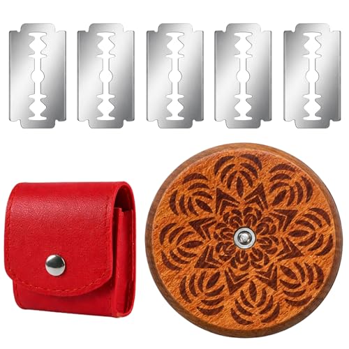 BrKern Bäckermesser Set – Rundes Teigmesser aus Holz mit 5 Edelstahl-Klingen & roter Lederhülle – Profi Ritzmesser für Baguette & Sauerteig, Klinge einziehbar