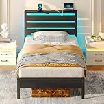 Rolanstar 3ft Single Bed Frame with LED Lights, 90x190cm Metal Bed with Headboard Storage Shelf, Integrated USB & Type-C Charging Station, Under-Bed Storage, Black