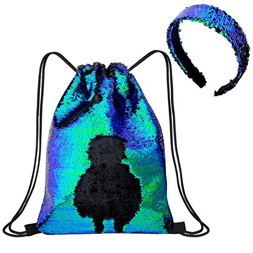 Diealles Shine Pailletten Tasche Mädchen, Pailletten Rucksack Sportbeutel Sport Tanz Tasche Glitzer Wende Pailletten Bag mit Stirnband für Mädchen Kinder