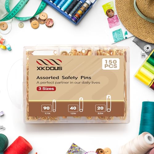 Image of XKDOUS 150 Pack Safety Pins for Clothes 3 Universal Assorted Sizes, Gold | Small & Large Safety Pin, Strong Heavy Duty Sharp Edge Pins Bulk, Fasteners for Clothing, Sewing, Crafting