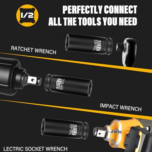 Image of 1 /2 Inch Drive 21mm Deep Metric Impact Socket,CR-MO,6 Point Radius Corner Design,Square Chamfered Opening,Axle Nut Impact Grade Socket for Easy Removal