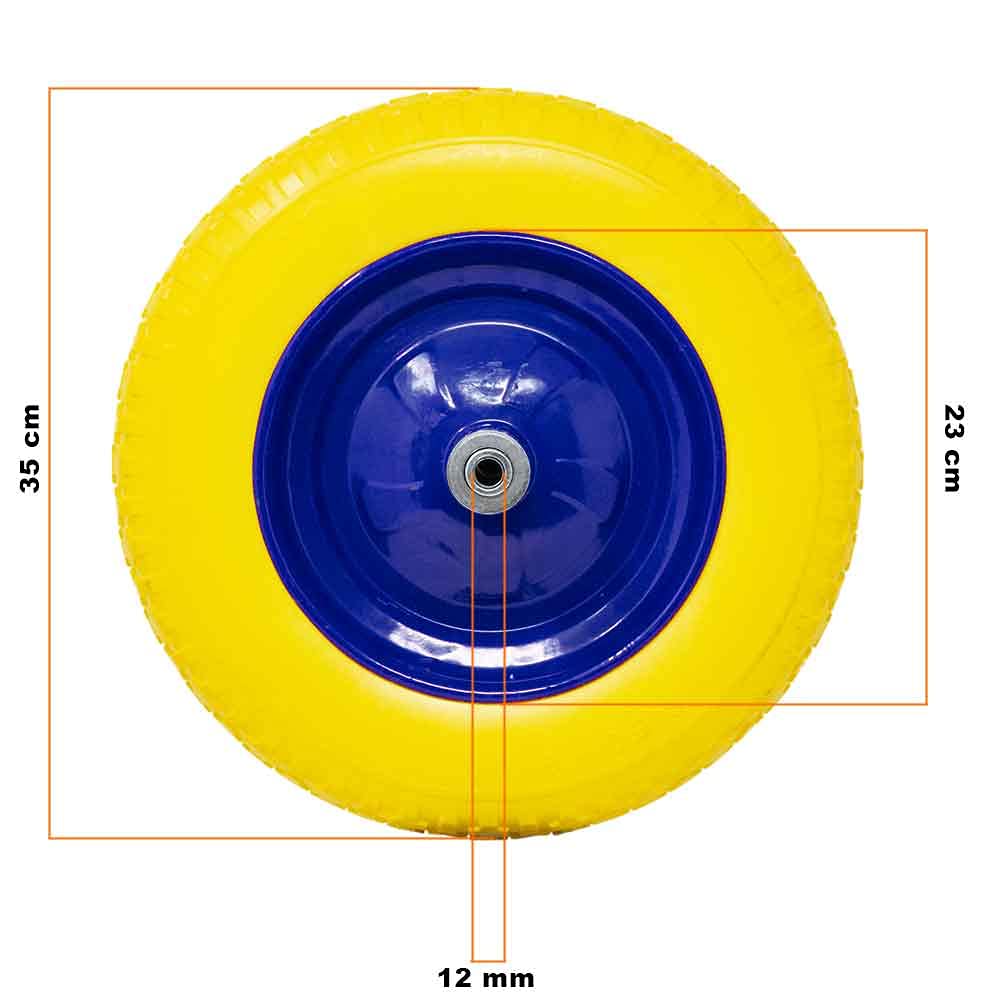 Bakaji Ruota Piena in Poliuretano Giallo Antiforatura per Carriola Battistrada Scolpito Diametro 35cm Larghezza 9 cm 3.50-8 Cerchio in Acciaio con Asse da 170 mm Incluso Ruote Ricambio Carriole