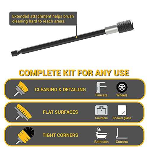 Scrubit Drill Brush Attachment Set - Power Scrubber Tile And Grout Tool - Use For Kitchen, Shower, Bathtub And Floor Surface - All Purpose Household Cleaning Kit Includes 3 Brushes With A Bit Extender #TOP1
