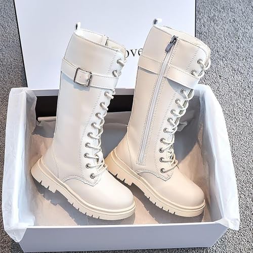 Girls Leather Lace Up Knee High Boots Lace Up Side Zipper PU Leather Waterproof Mid Calf Riding Winter Boots Goth Non Slip Solid Color Ankle Booties 4-11 Years4