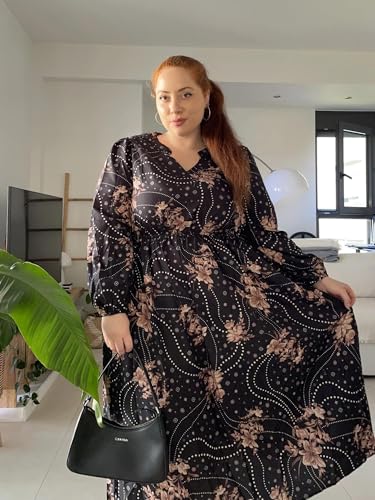 Image of TIYOMI Womens Plus Size Dresses Fall Long Sleeve Maxi Dresses V Neck Floral Spring Party Dress with Pockets XL-5XL (14W-28W)