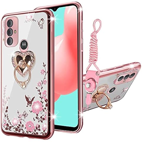 KuDiNi for Moto g Pure Case, Moto g Power 2022 Case Moto G Play 2023 Case for Women Glitter Crystal Butterfly Heart TPU Luxury Bling Protective Cover with Kickstand+Strap for Moto g Pure (Rose Gold) Cover