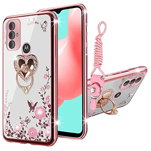 KuDiNi Coque pour Moto G Pure avec béquille + sangle pour femme - Coque de protection de luxe en TPU avec papillon et cœur en cristal pailleté (or rose)