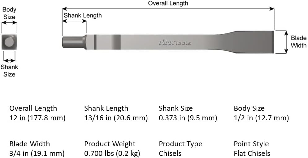 Ajax Tools 392-12 Pneumatic Weld Flux Cleco Shank 3/4" Wide Chisel - 12" Length