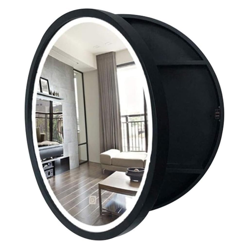 50/60/70cm Bagno Armadio Specchio con Luci Tondo Porta Sinistra Armadio A Muro Specchio con 3 Ripiano Tiers Specchio di Vanità con Funzione di Stoccaggio for La Casa Cucina(Black,70 * 70cm)